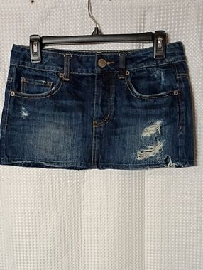 American Eagle Outfitters Dark Blue Distressed Denim Mini Skirt